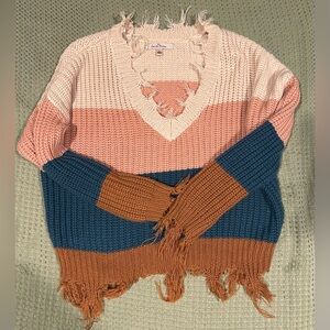 Women’s Large V neck fringed Multi-coloured striped sweater.